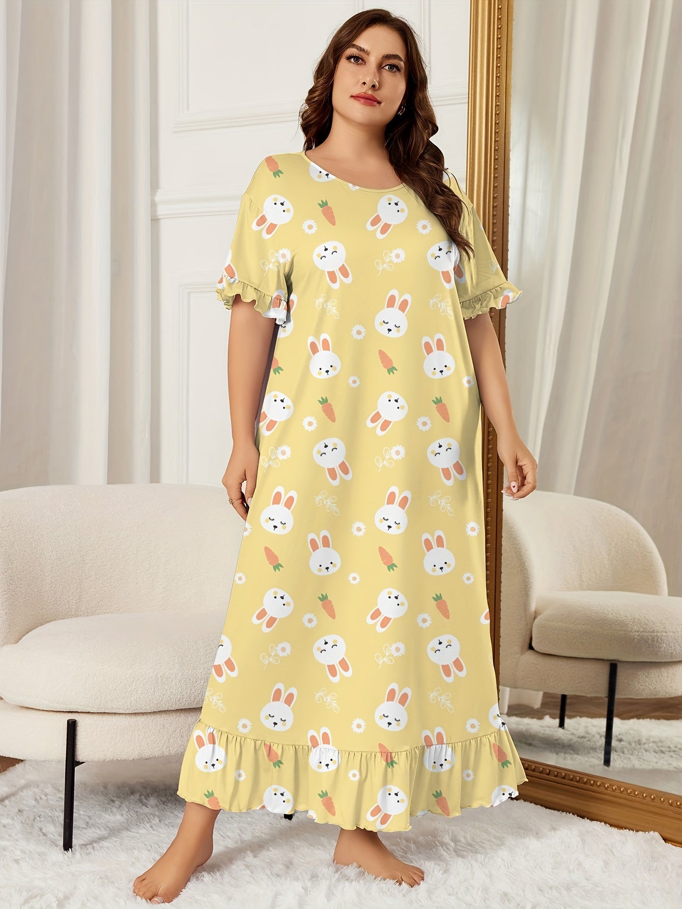  Nightdress Women's Plus Rabbit Print Ruffle Maxi Sleep Dress