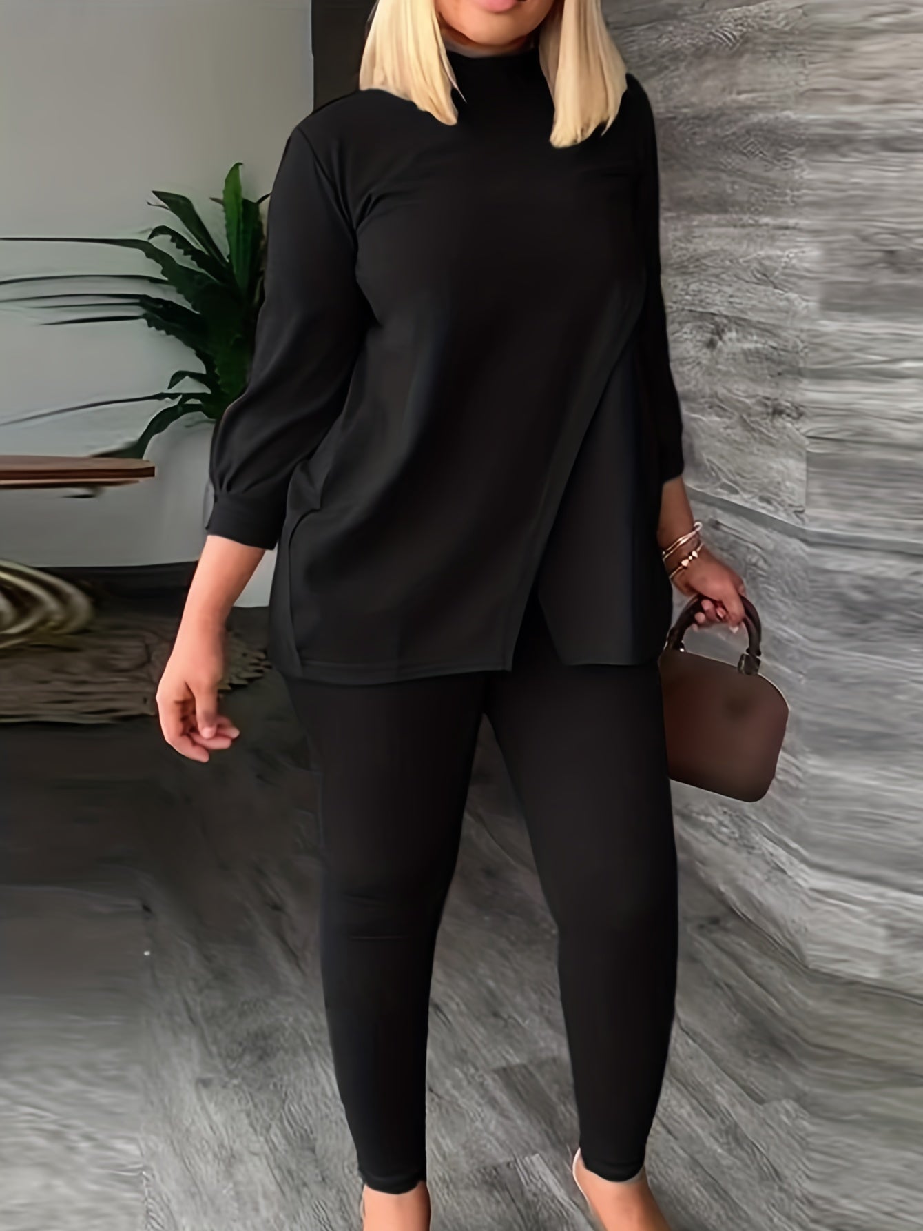  Solid High Neck Split Top & Skinny Pants 2pcs Set