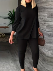  Solid High Neck Split Top & Skinny Pants 2pcs Set