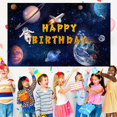 Space Happy Birthday Photography Backdrop 70in Astronaut Rocket Banner