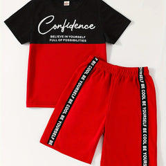 Boys' T Shirt and Shorts Set, Elastic Waistband, Contrast Letter Print