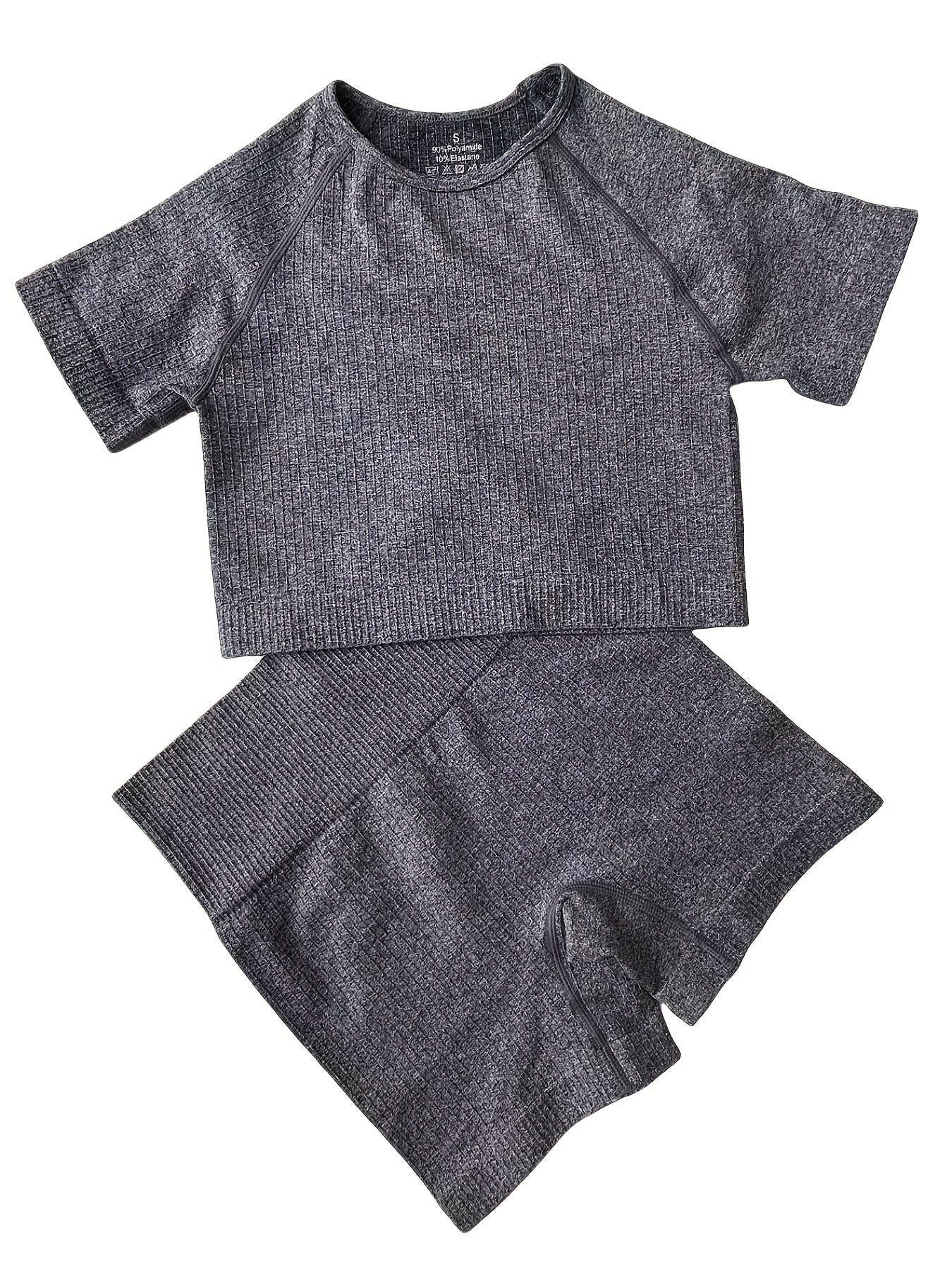 Rib Knit Yoga Set Round Neck Short Sleeves High Waist Stretch Activewear