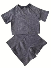 Rib Knit Yoga Set Round Neck Short Sleeves High Waist Stretch Activewear