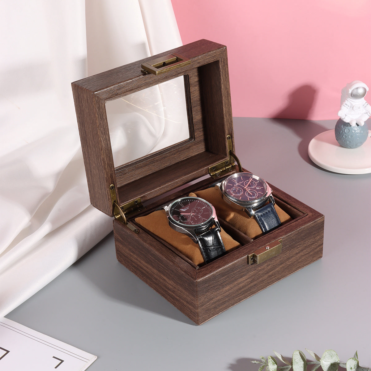 Wood Grain PU Watch Case Display With Lock