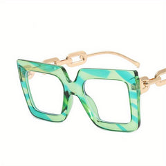 Square Clear Lens Glasses Y2K Chain Temple Anti Light Eyewear