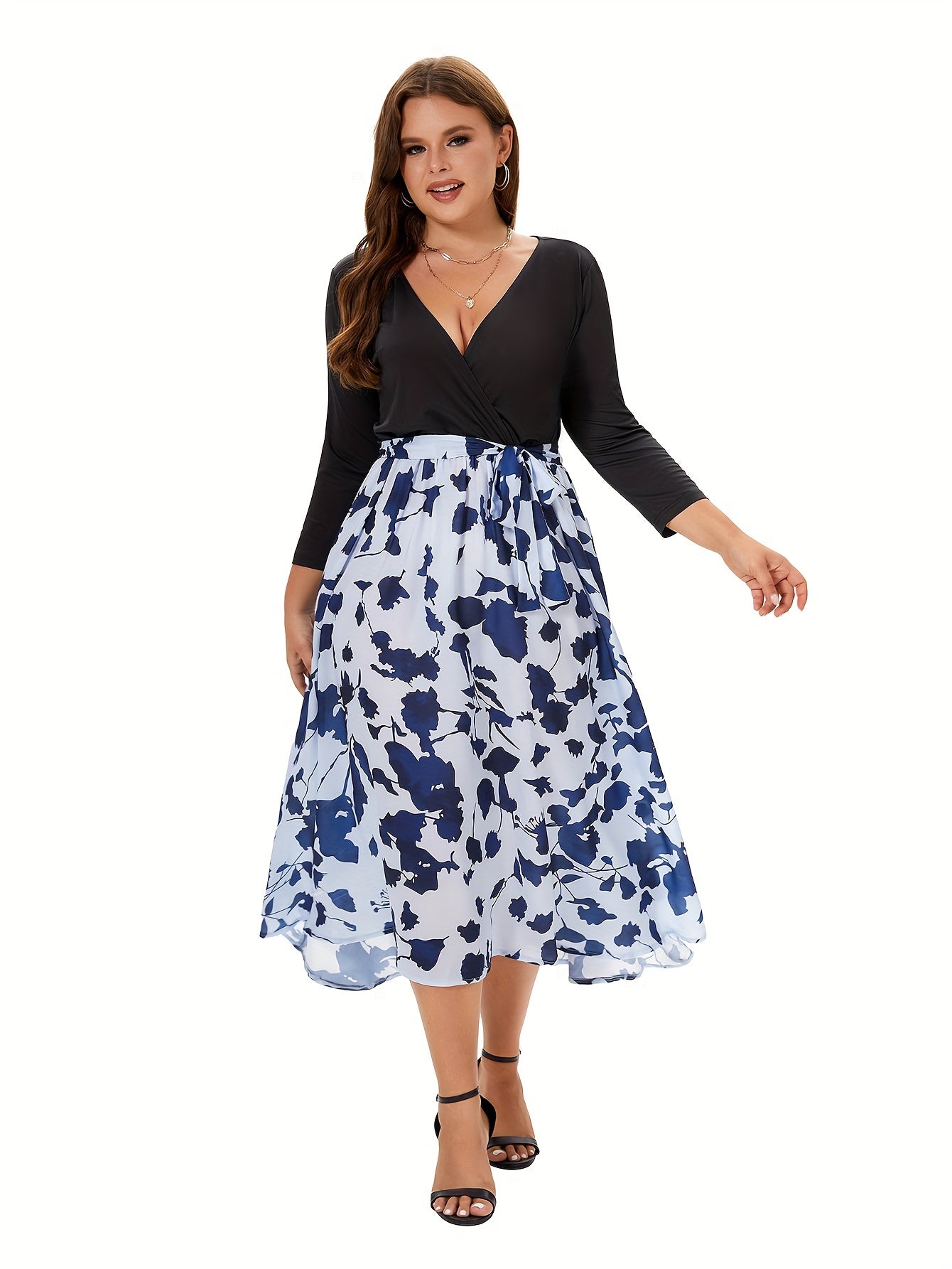  Colorblock Floral Print V Neck Midi Dress