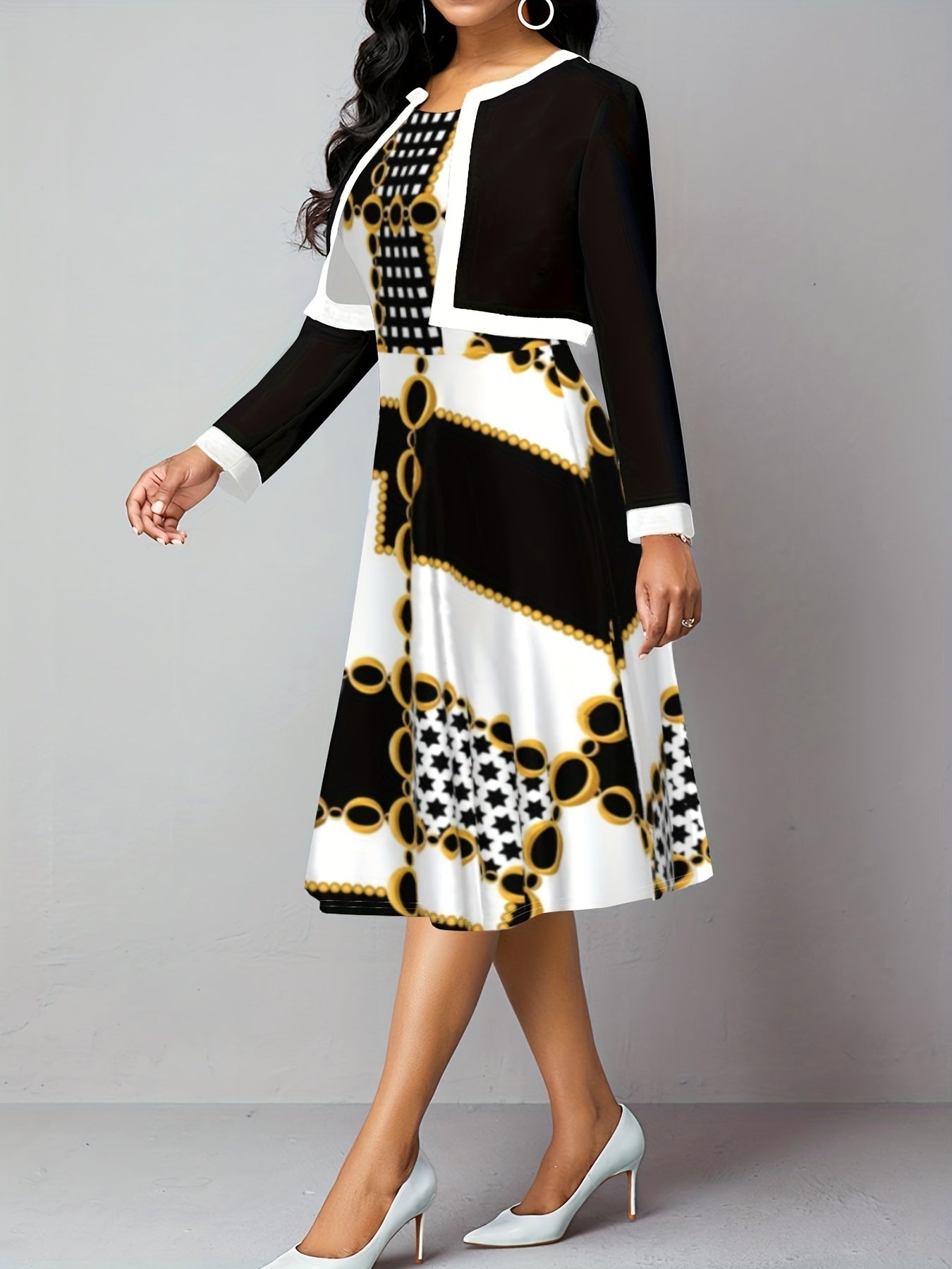  Paisley Print A-line Dress & Coat Outfit Set
