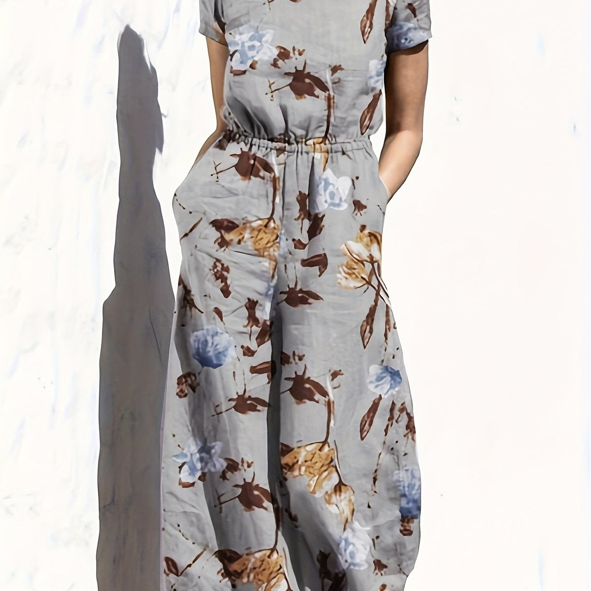 Floral Print Short Sleeve Maxi Dress With Belt & Pockets