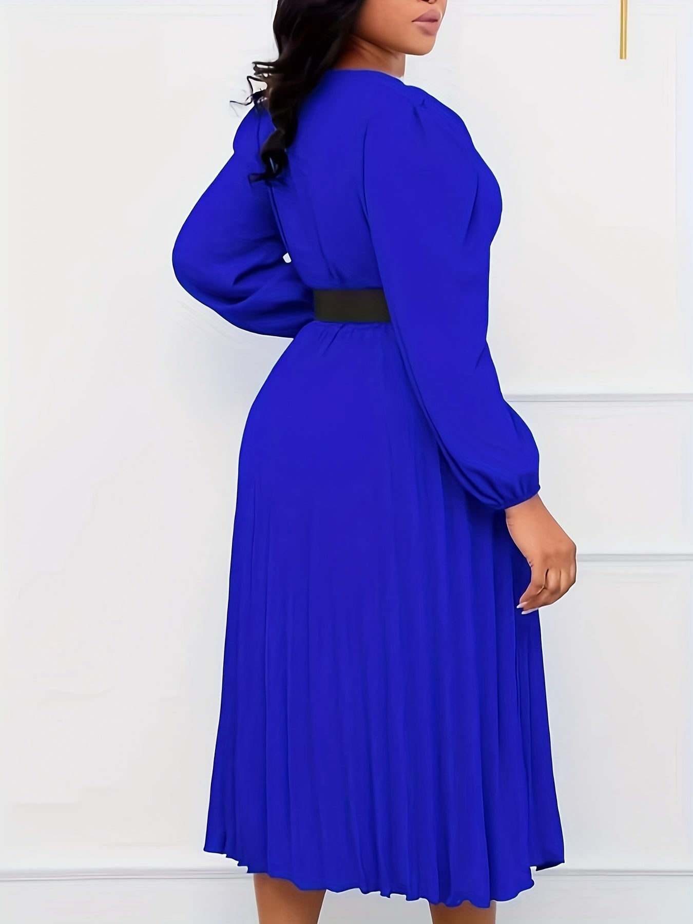  Solid Lantern Sleeve Pleated Dress
