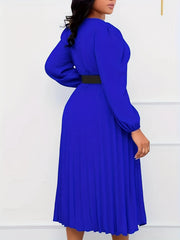  Solid Lantern Sleeve Pleated Dress