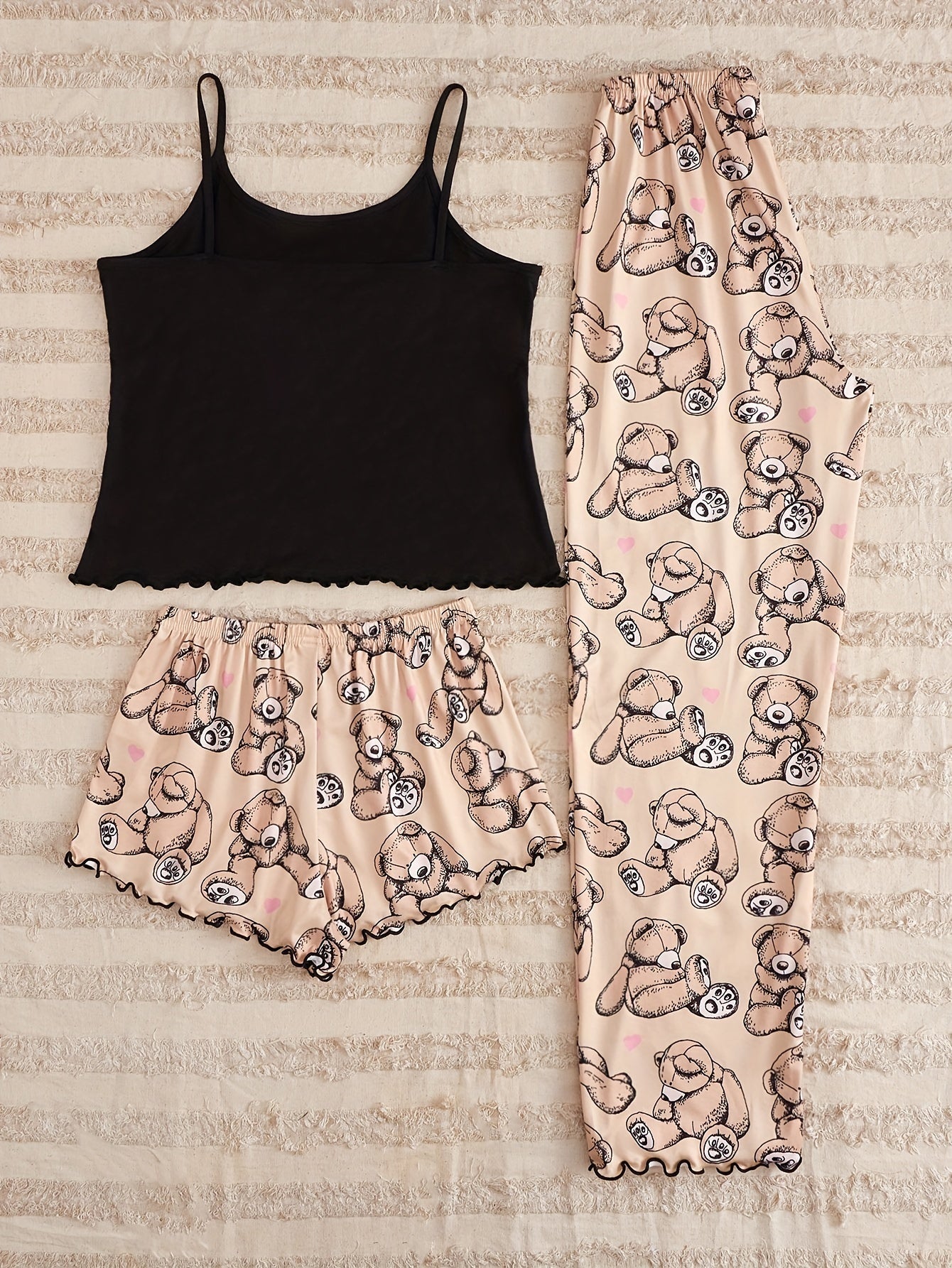 Bear Print Pajama Set Cami Top & Shorts & Pants