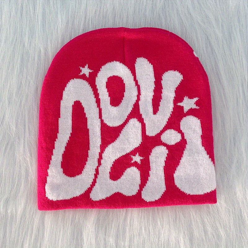 Y2K Knitted Beanie Hip Hop Letter Jacquard Warm Skull Cap