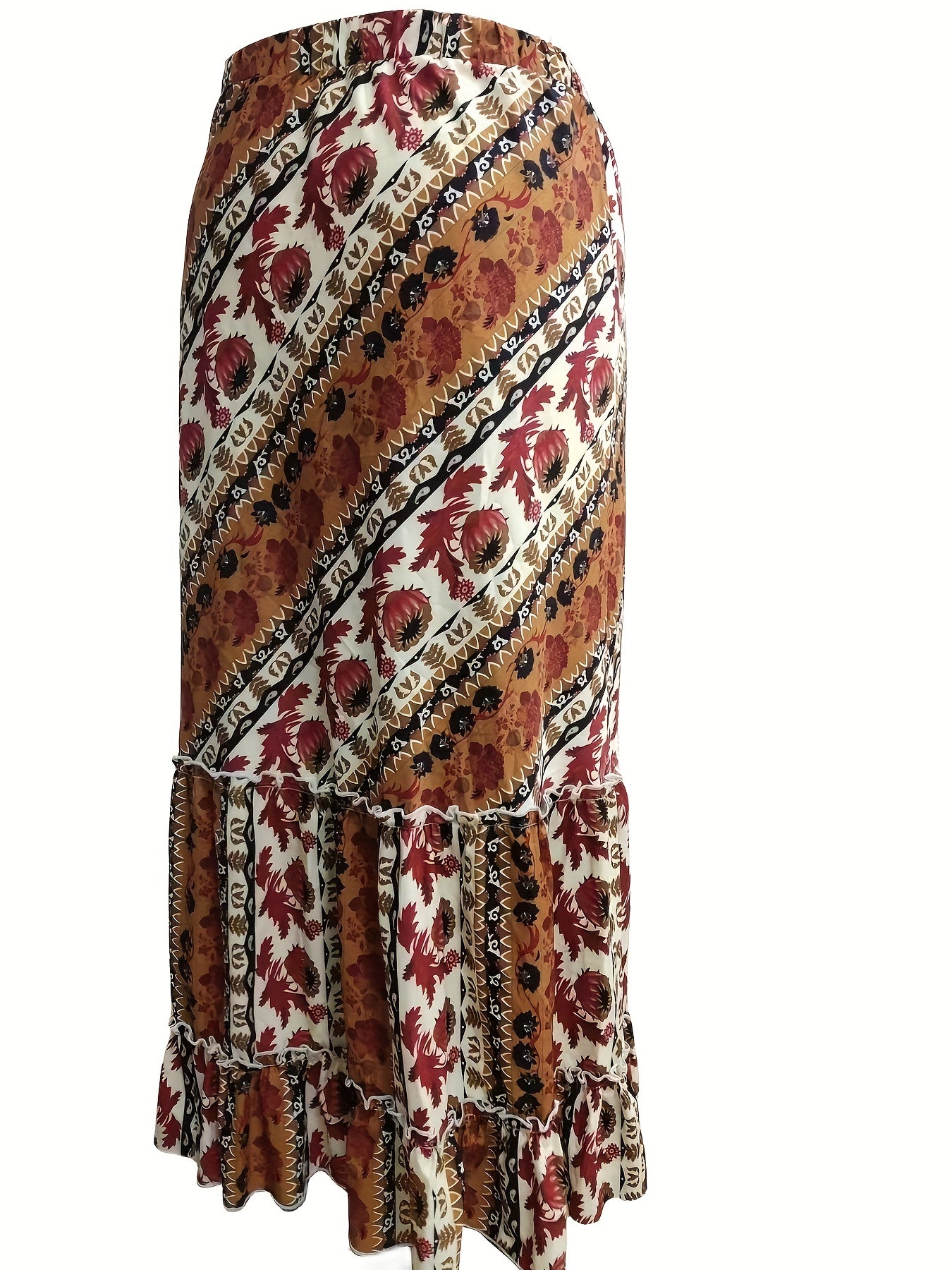  Tribal Print Ruffle Trim Maxi Skirt