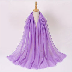 Rhinestone Faux Pearl Decor Scarf Hijab Solid Frayed Edge Shawl