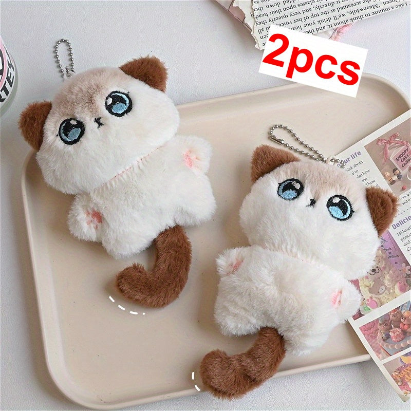 Plush Cat Tail Charms with Fluffy Ears & Expressive Face Backpack & Keychain