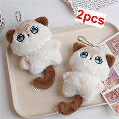 Plush Cat Tail Charms with Fluffy Ears & Expressive Face Backpack & Keychain