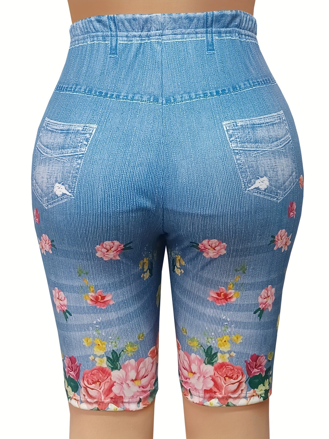  Denim & Floral Print High Rise Skinny Shorts