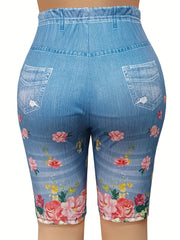  Denim & Floral Print High Rise Skinny Shorts
