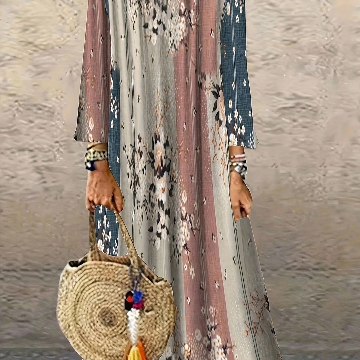  Boho Colorblock Floral Print Long Sleeve Maxi Dress