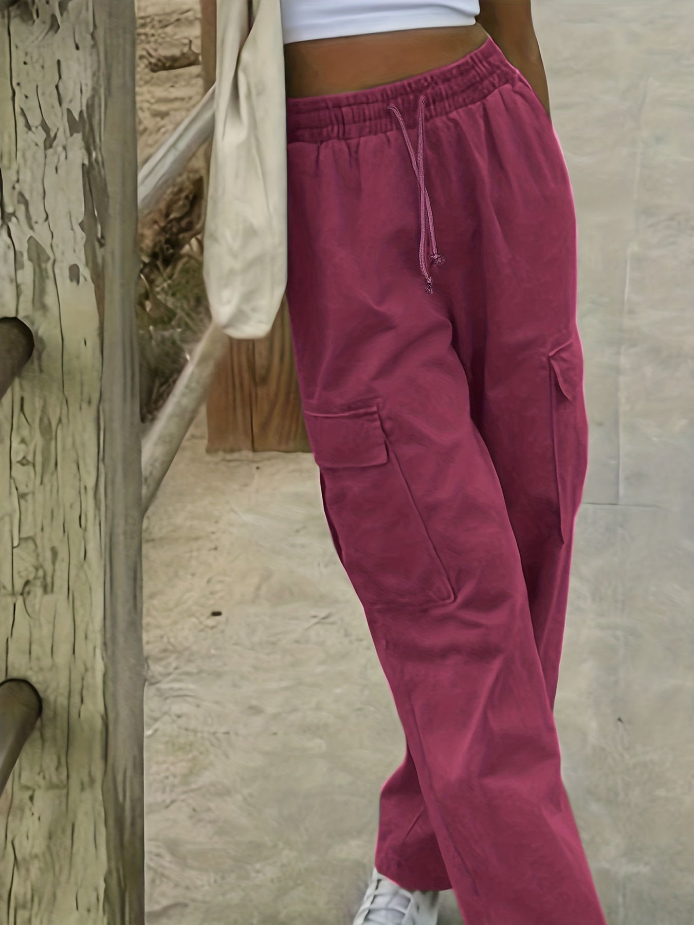  Women's Solid Cargo Pants with Drawstring Waist