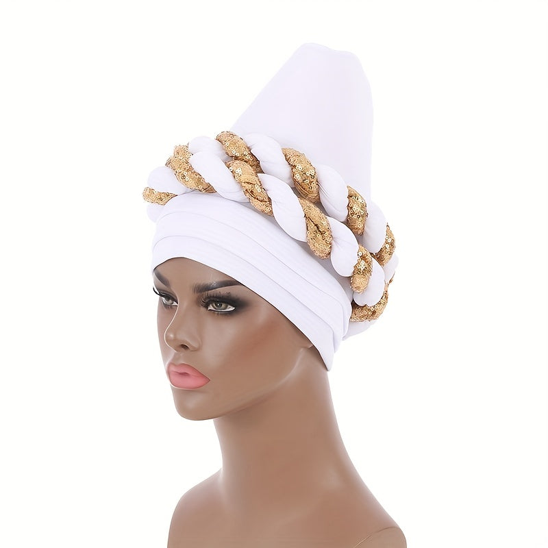 Sequin Twisted Braided Turban Elastic Head Wrap Pre tied Ramadan Hijab Women