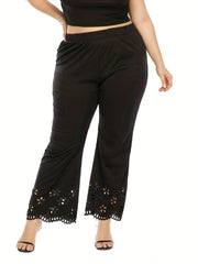  Casual Pants Women's Plus Solid Elastic Eyelet Embroidered Trim Pants