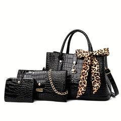 3 Pcs Crocodile Embossed Bag Set Tote Shoulder Clutch Card Case