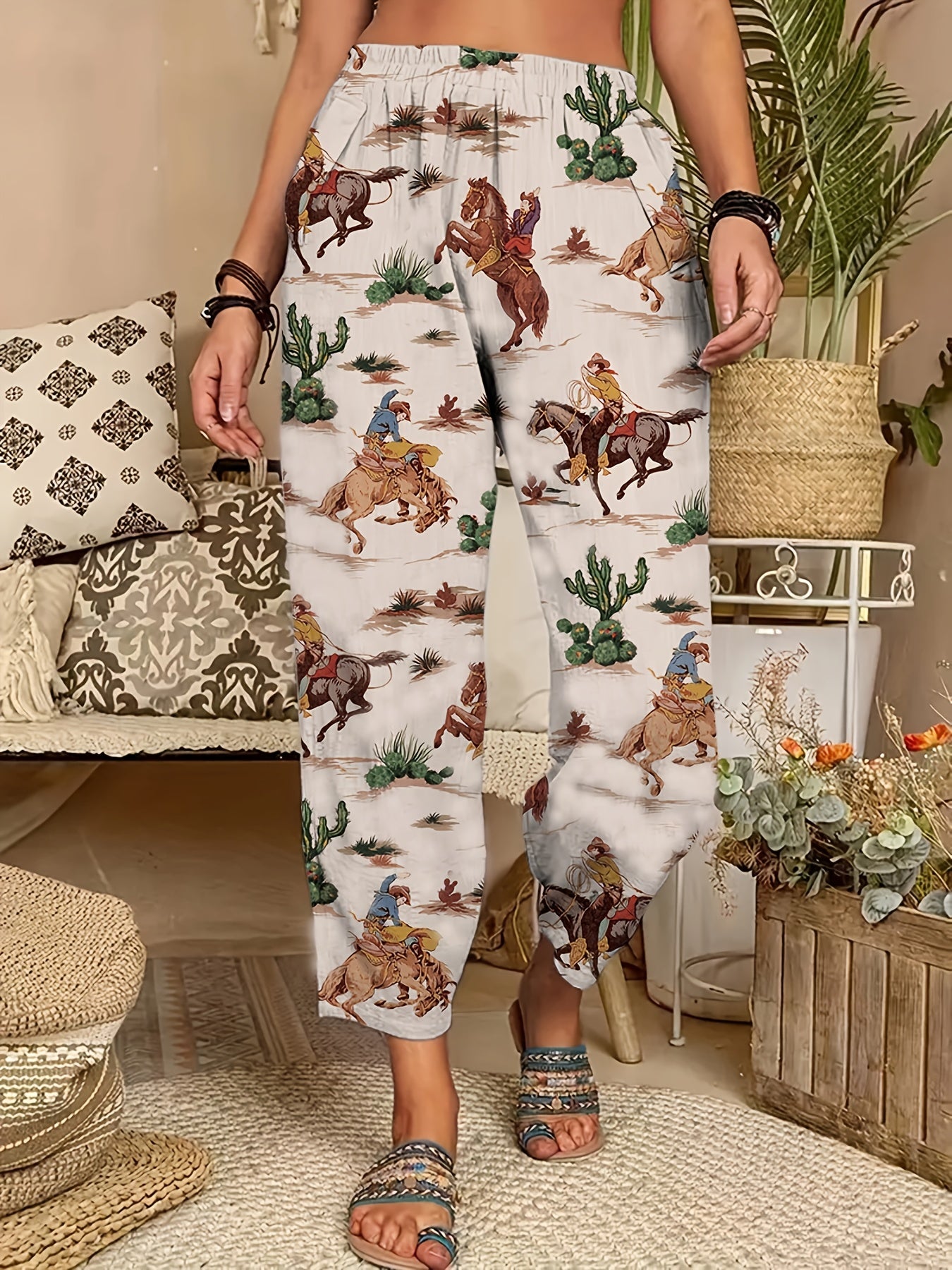  Horse Print High Rise Western Pants