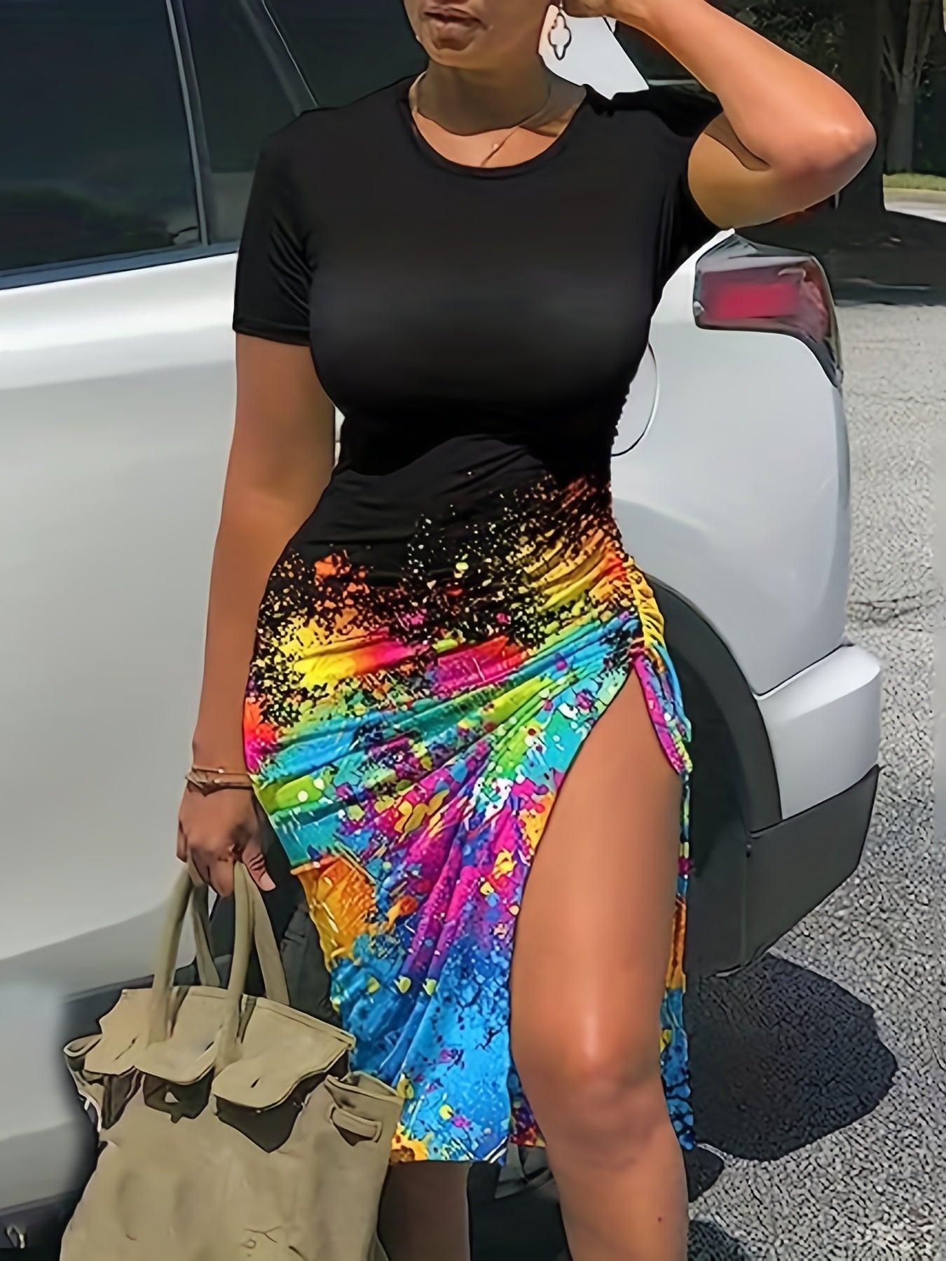 Ombre Ruched Dress Side Slit Short Sleeve Crew Neck Casual Dress