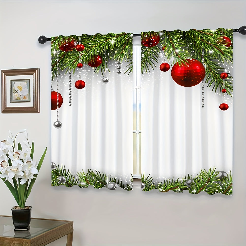 Christmas Red Ball Curtain Pine Leaves Rod Pocket Curtains