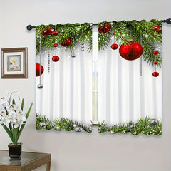 Christmas Red Ball Curtain Pine Leaves Rod Pocket Curtains