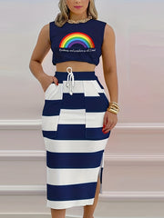 Casual Two piece Skirt Set Crop Tank Top & Striped Drawstring Side Split Skirt
