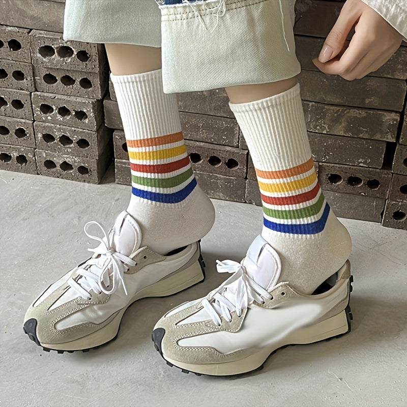 5 Pairs Rainbow Striped Socks College Style Women's Stockings