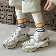5 Pairs Rainbow Striped Socks College Style Women's Stockings