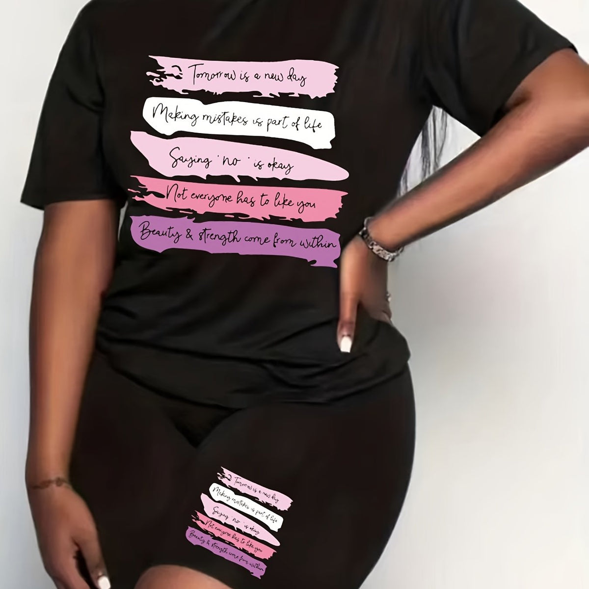  Colorful Stripe & Letter Print Crew Neck Top & Shorts Set