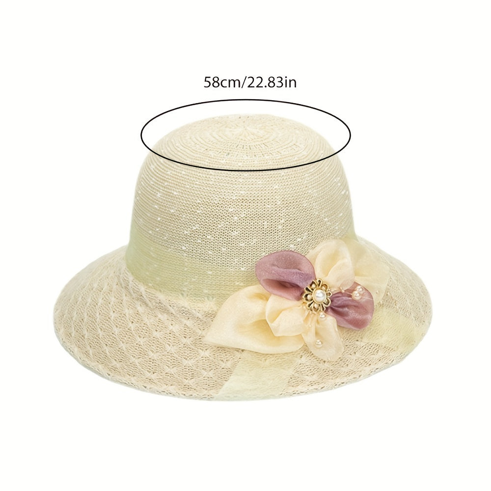 Summer Knitted Breathable Sun Hat Mesh Flower Decor Bucket Hat