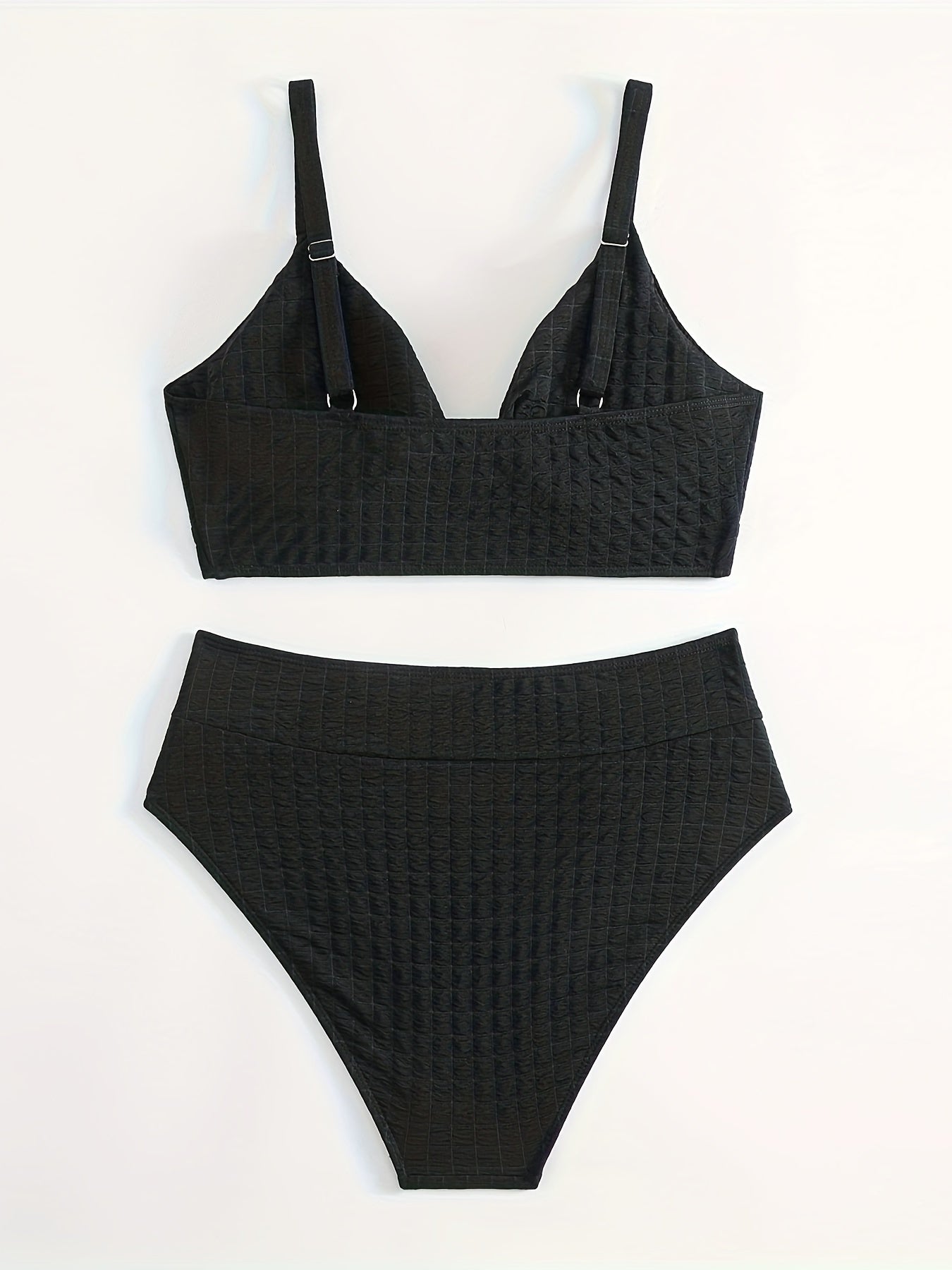  Solid Waffle Knit Twist Front Bra & Panty Swimsuit Set