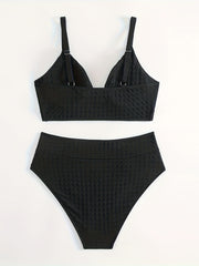  Solid Waffle Knit Twist Front Bra & Panty Swimsuit Set