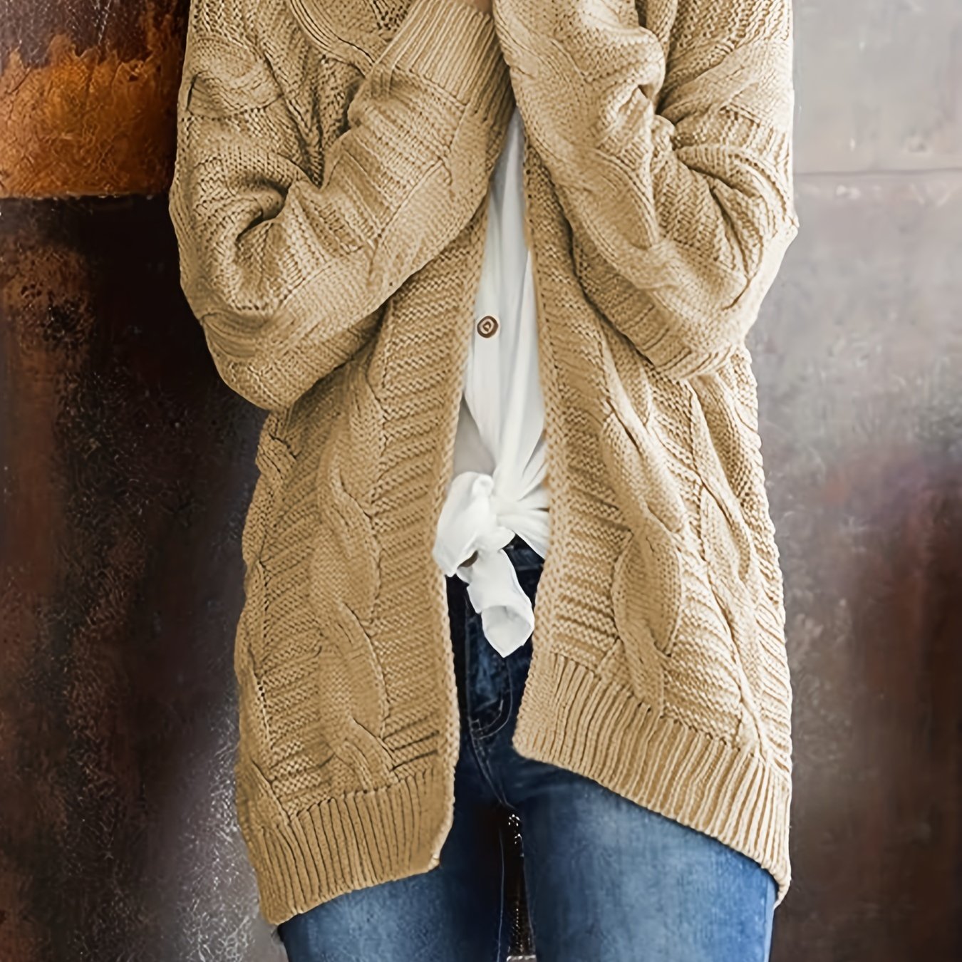  Casual Cardigan Solid Cable Open Front Long Sleeve Stretch Knit