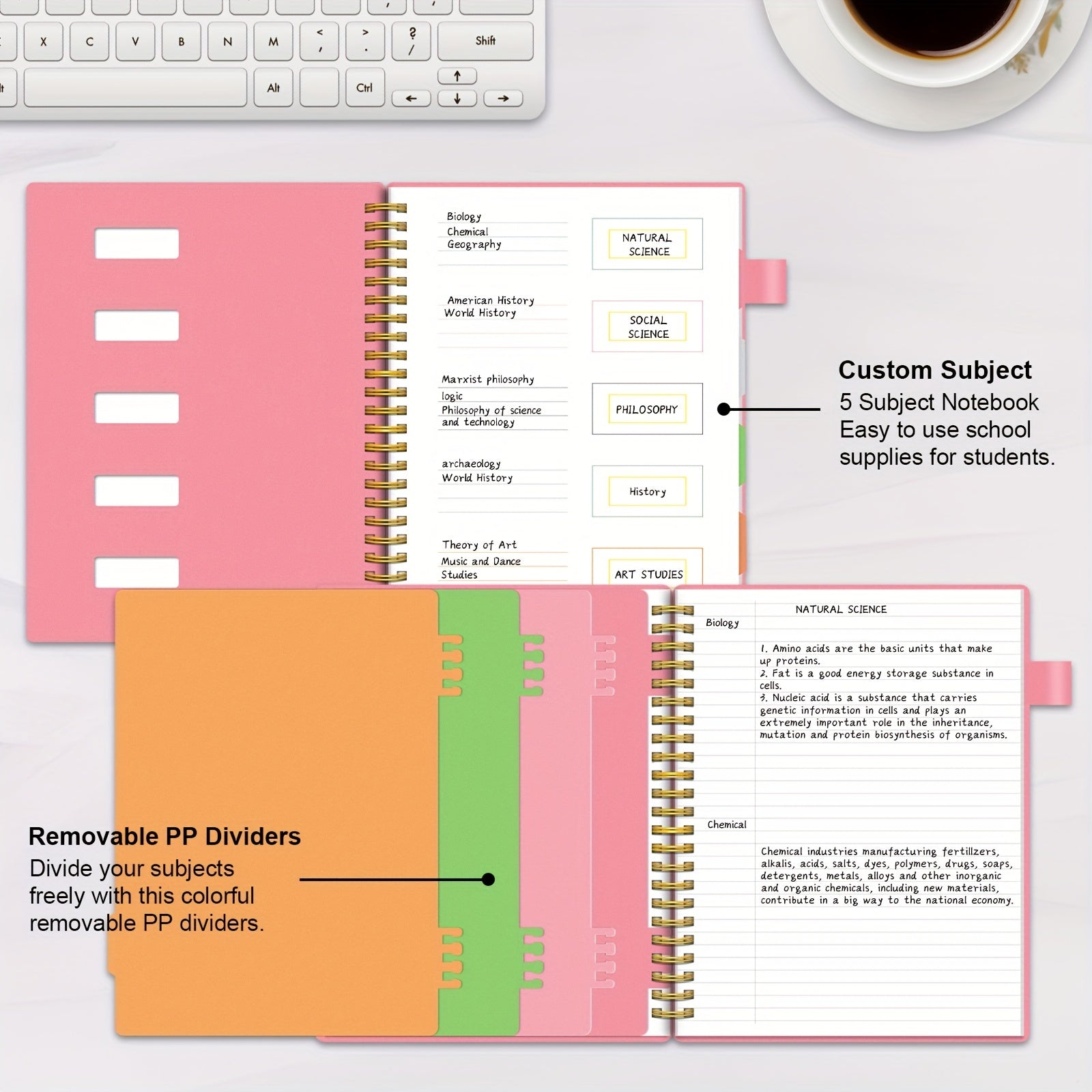 1pc 5-Subject College Ruled Spiral Notebook, 200 Pages, 4 Dividers, Tabs