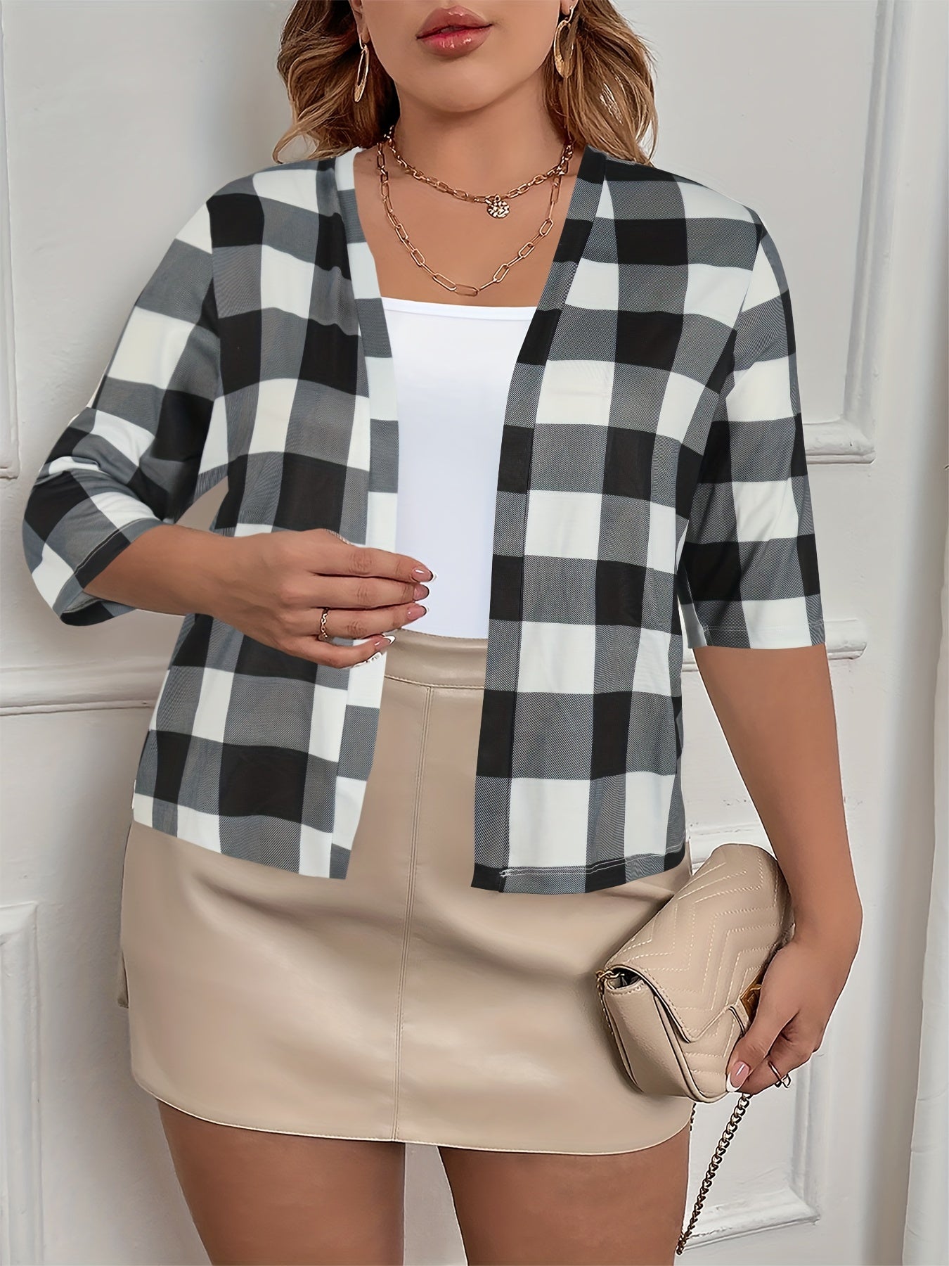  Plaid Print Half Sleeve Open Front Cardigan