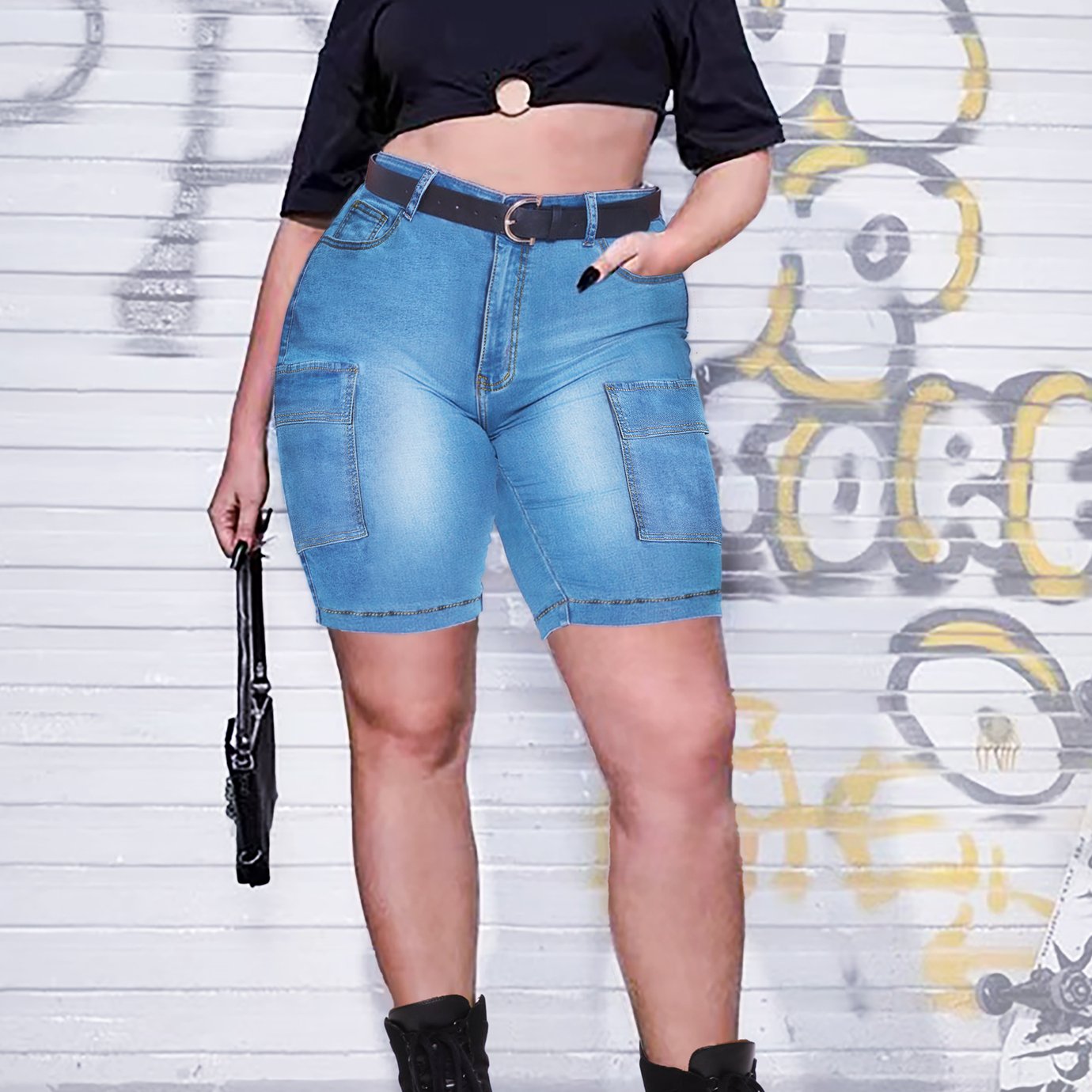 Women's Plus Washed Button Fly Denim Shorts With Flap Pockets