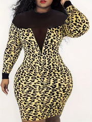 Colorblock Leopard Print Mesh Sleeve Bodycon Dress