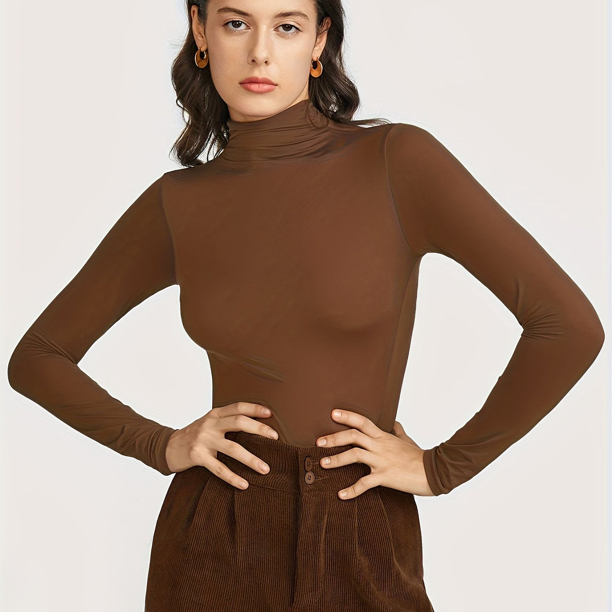 Solid Long Sleeve Turtleneck Top Soft High Neck Tee Shirt