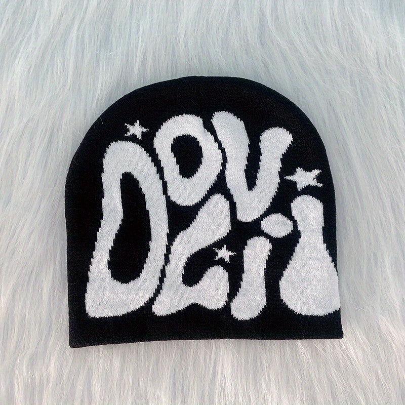 Y2K Knitted Beanie Hip Hop Letter Jacquard Warm Skull Cap