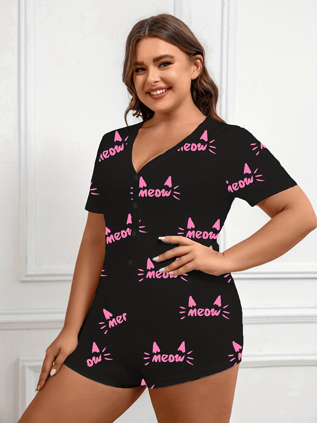  Letter Print Short Sleeve Pajama Romper