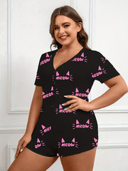  Letter Print Short Sleeve Pajama Romper