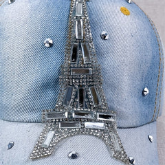 Eiffel Tower Baseball Cap Rhinestone Washed Distressed Denim Dad Hat