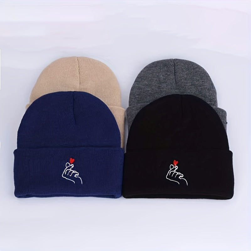 Love Gesture Embroidered Beanie Warm Skull Cap Couple Knit Hat