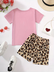 Girls Leopard Heart Graphic Tee & Shorts Loungewear Set